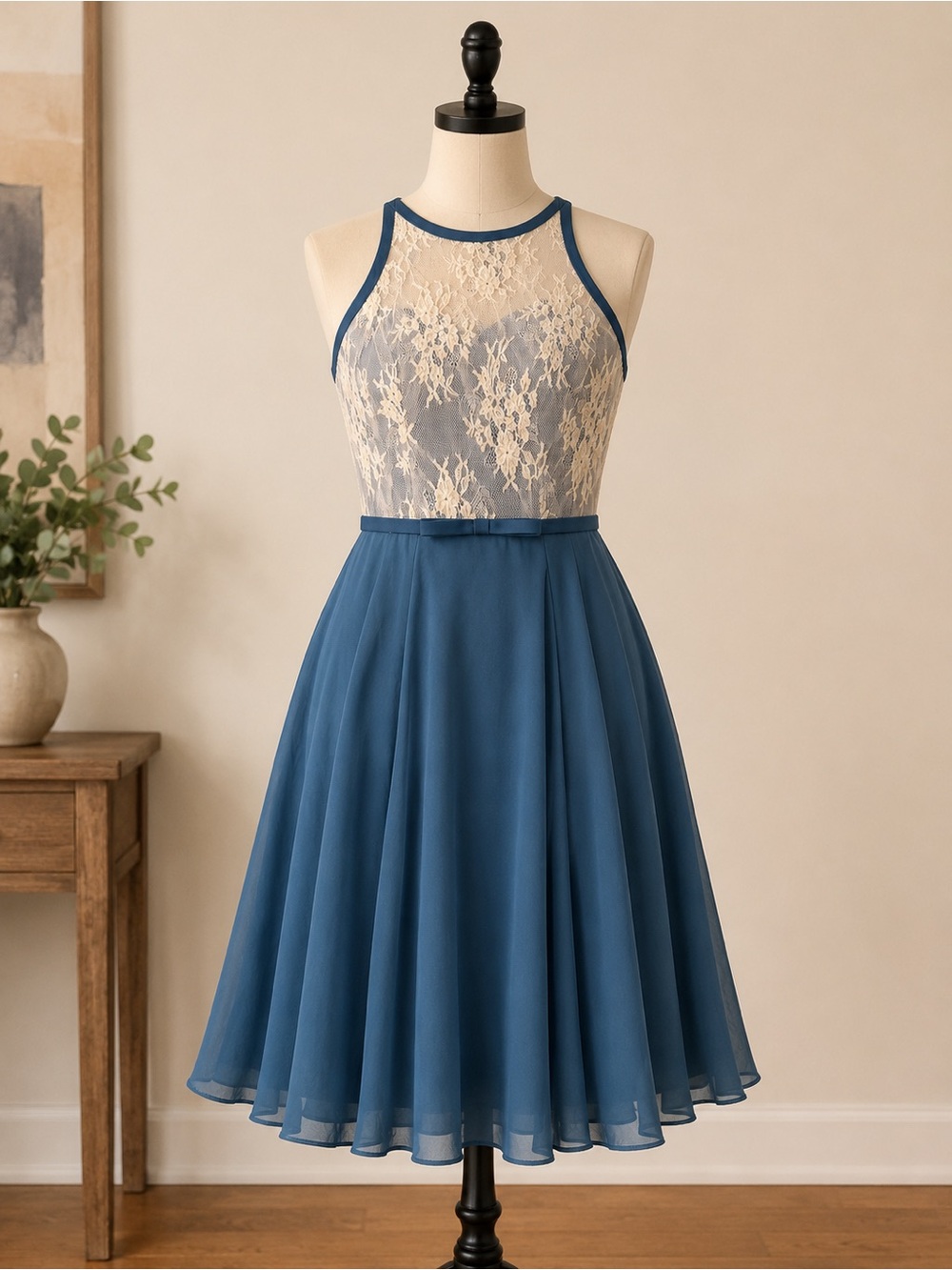 Sleeveless Lace Bodice Tea Dress in Dusty Blue and white